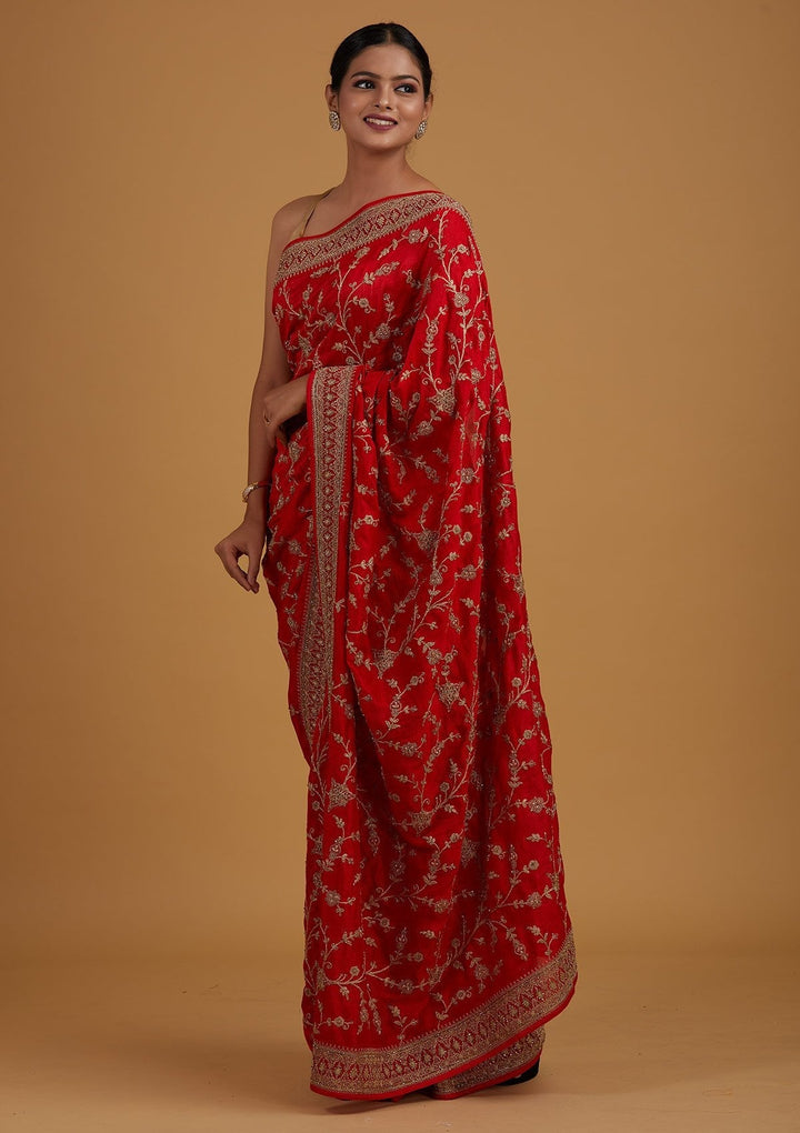 Red Stonework Raw Silk Designer Saree - Koskii
