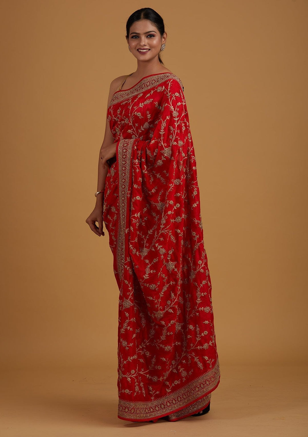 Red Stonework Raw Silk Designer Saree - Koskii