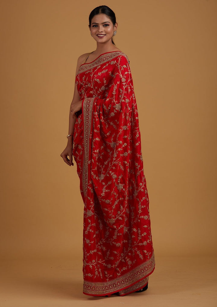 Red Stonework Raw Silk Designer Saree - Koskii