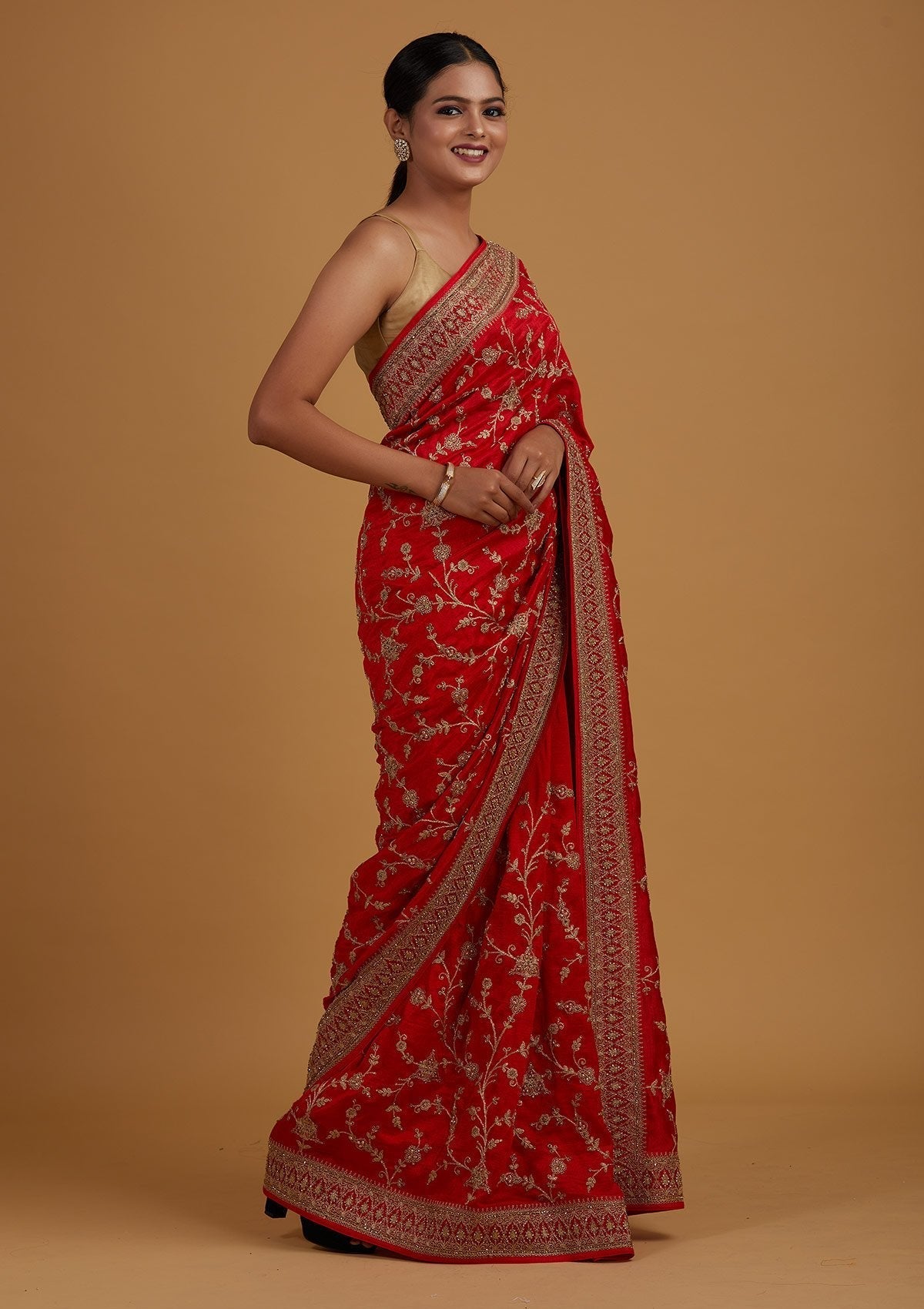 Red Stonework Raw Silk Designer Saree - Koskii