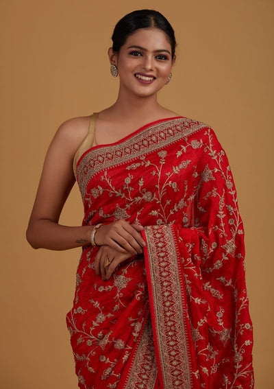 Red Stonework Raw Silk Designer Saree - Koskii