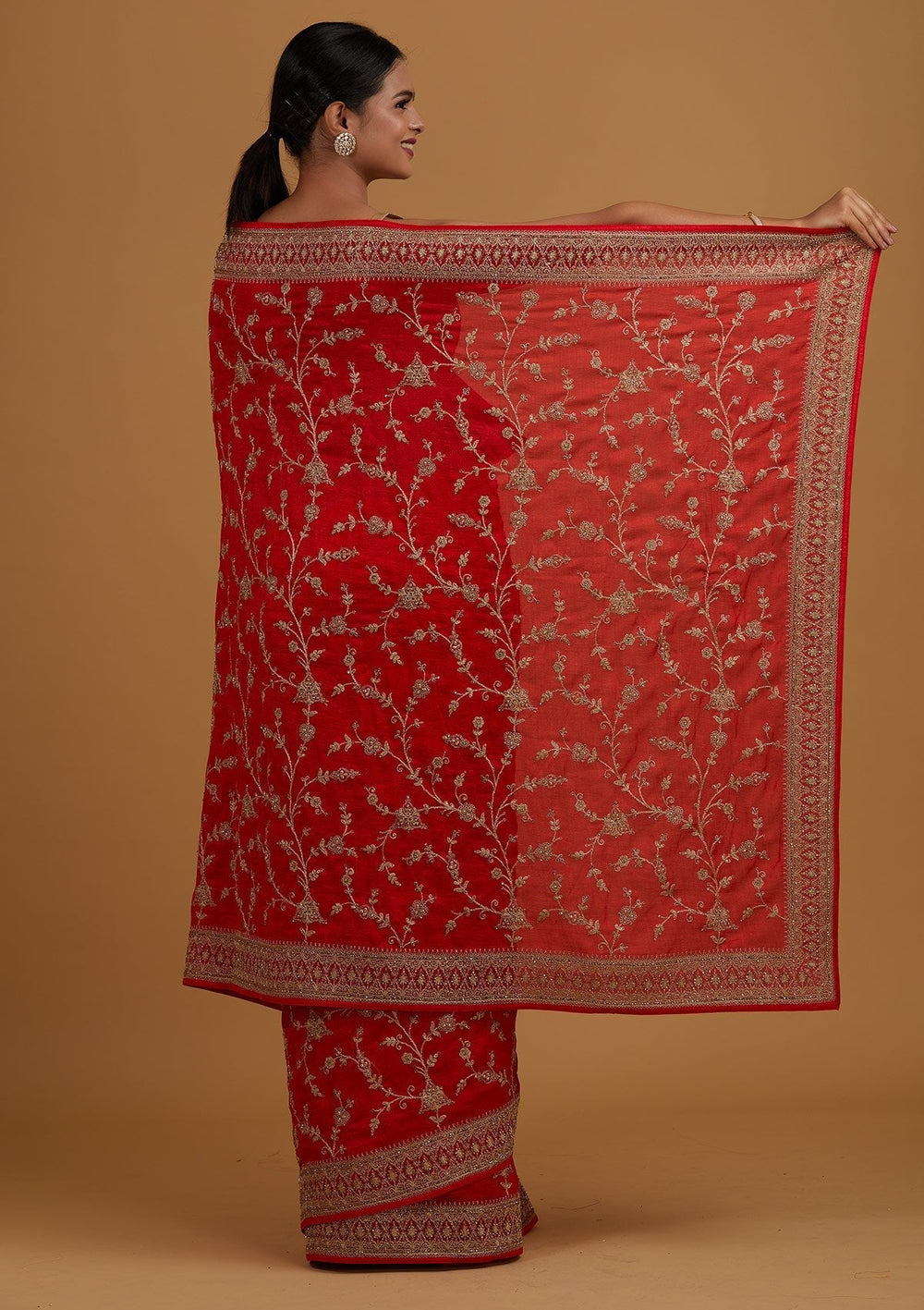 Red Stonework Raw Silk Designer Saree - Koskii
