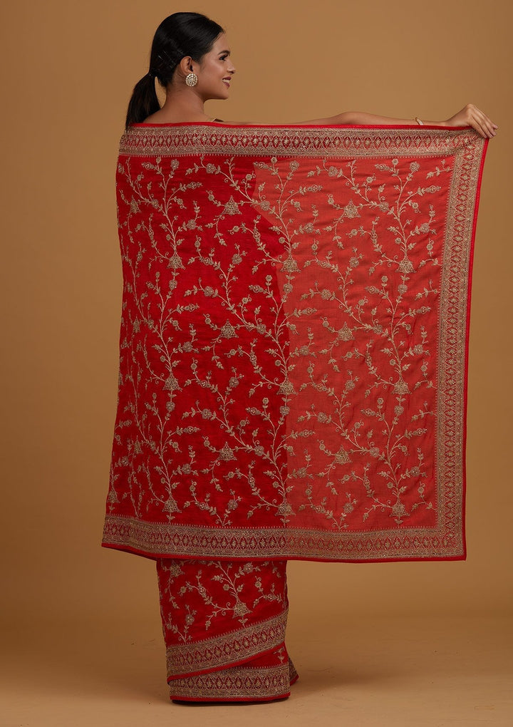 Red Stonework Raw Silk Designer Saree - Koskii