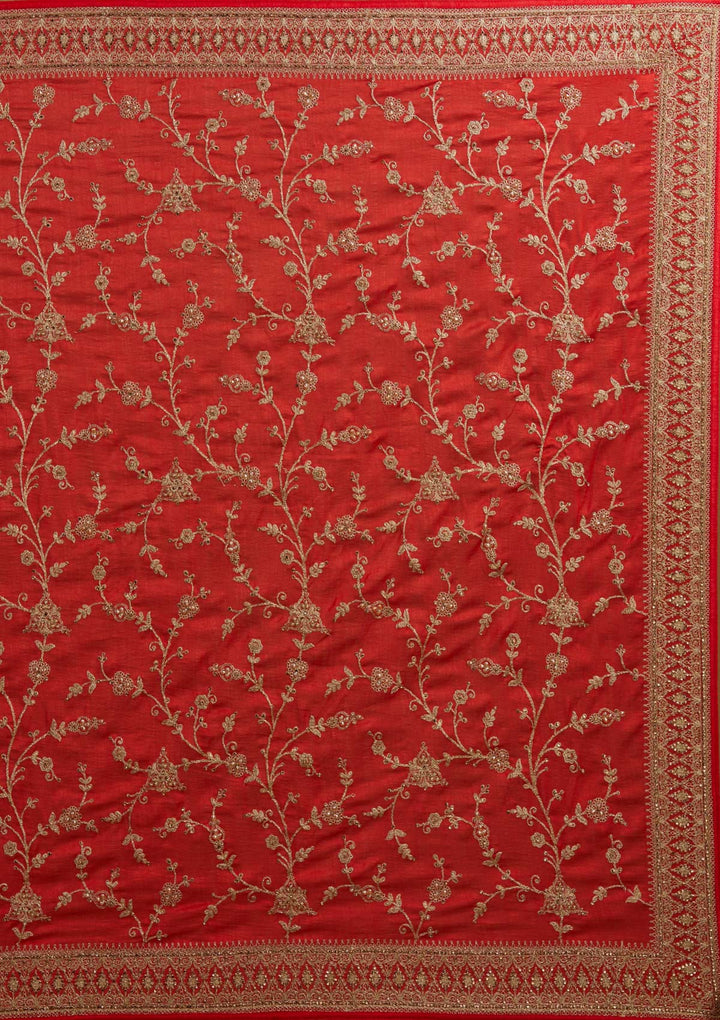 Red Stonework Raw Silk Designer Saree - Koskii