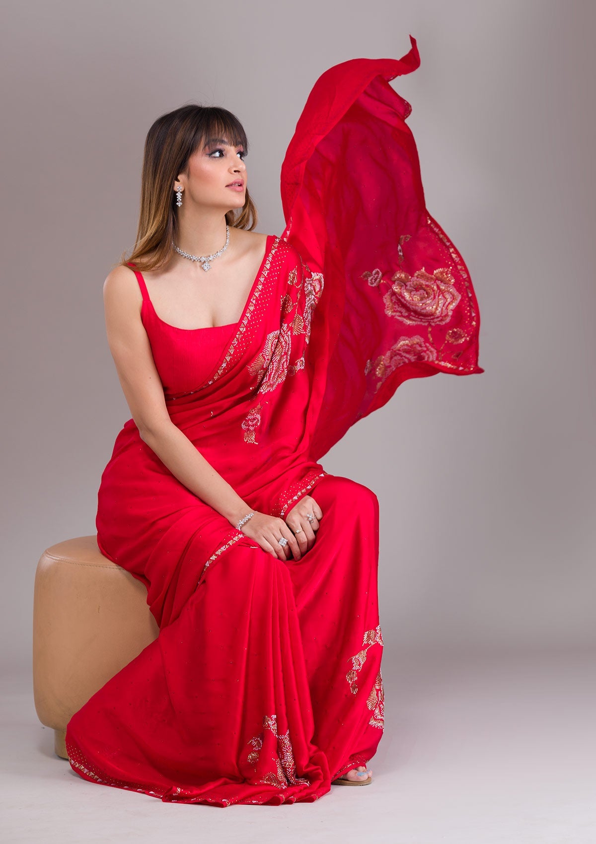 Red Stonework Satin Saree-Koskii