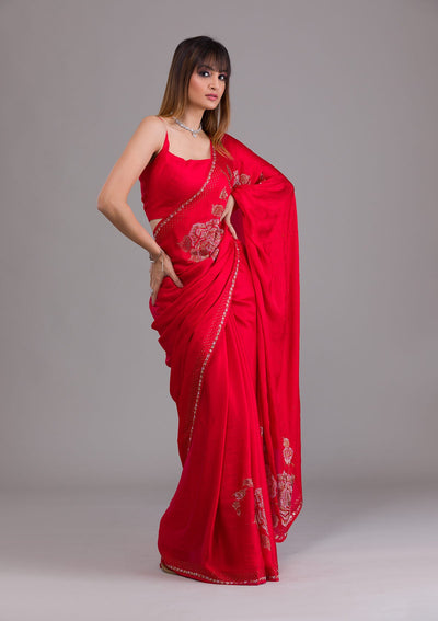 Red Stonework Satin Saree-Koskii