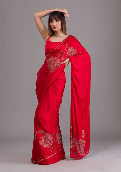 Red Stonework Satin Saree-Koskii