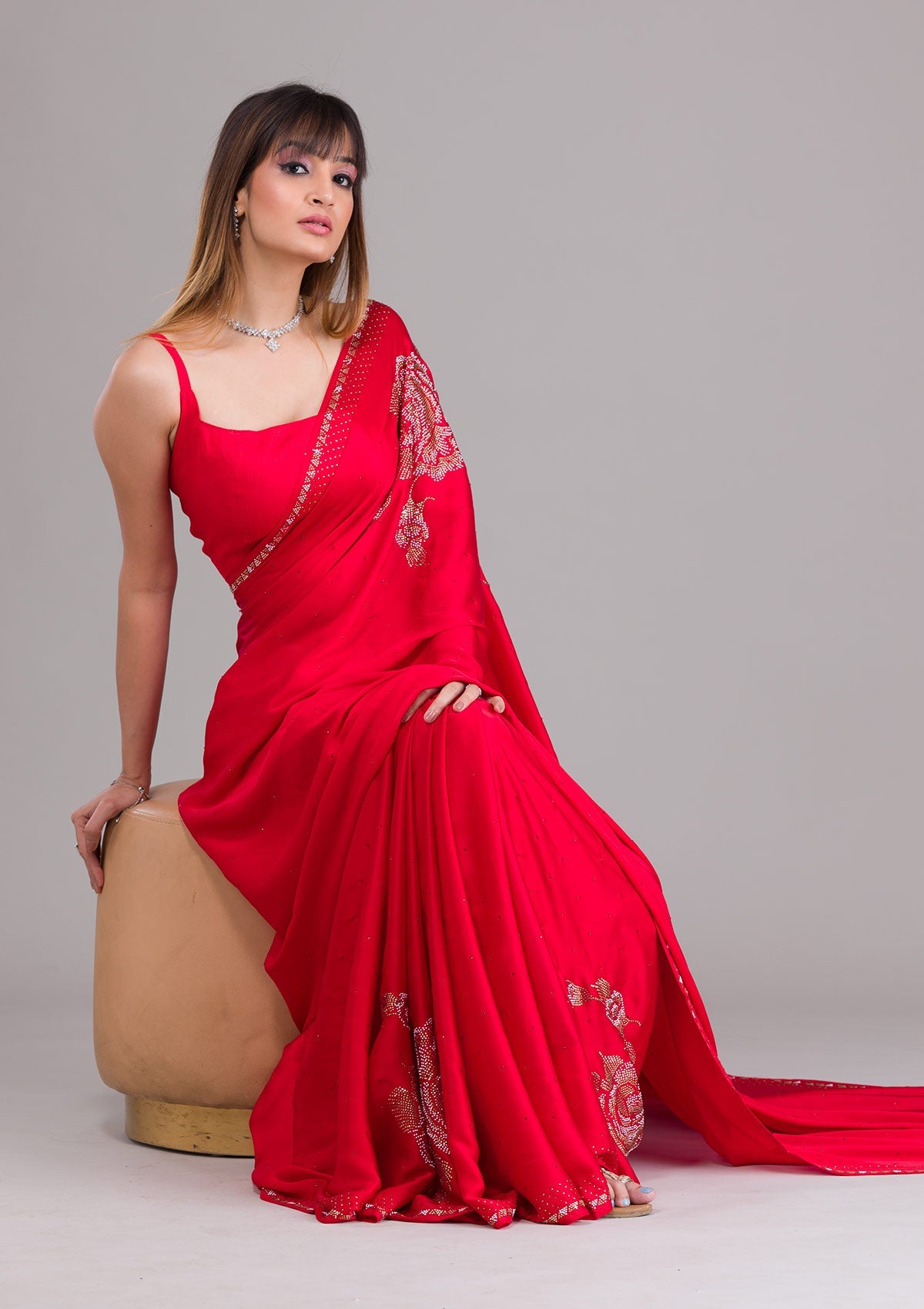 Red Stonework Satin Saree-Koskii