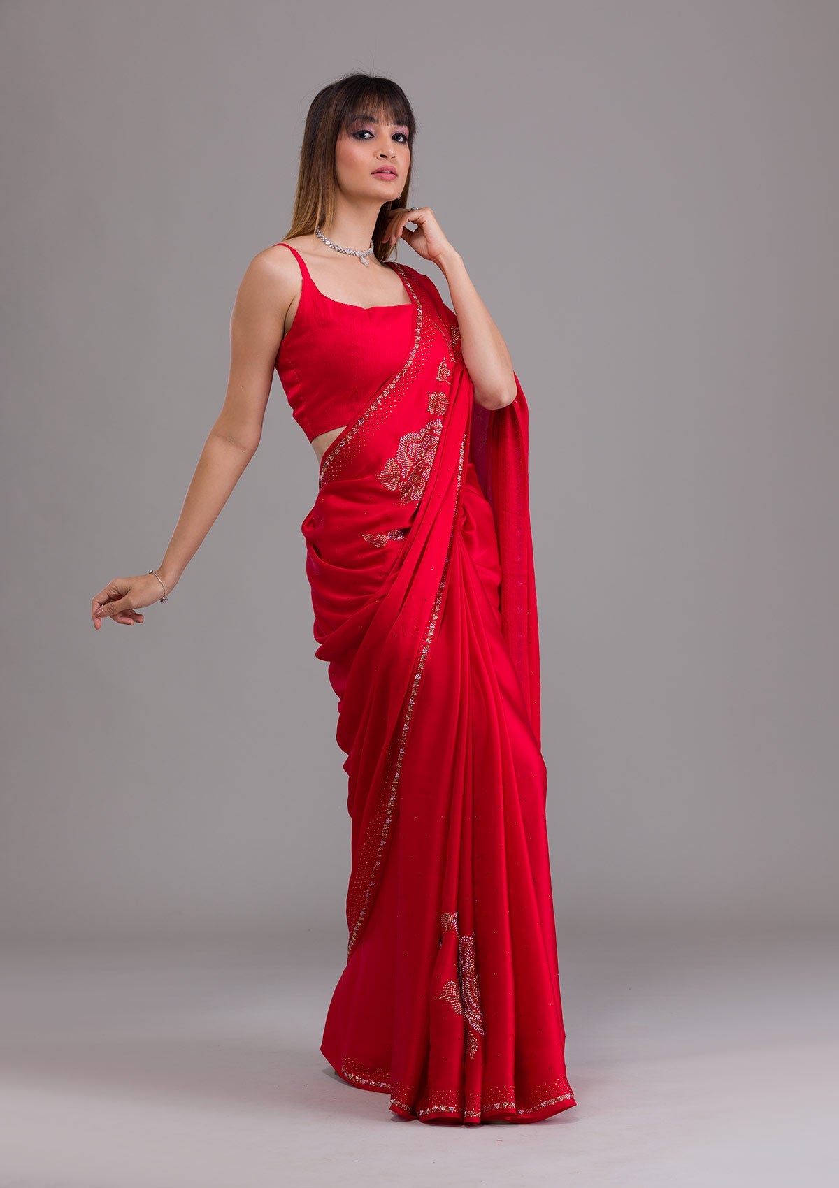 Red Stonework Satin Saree-Koskii