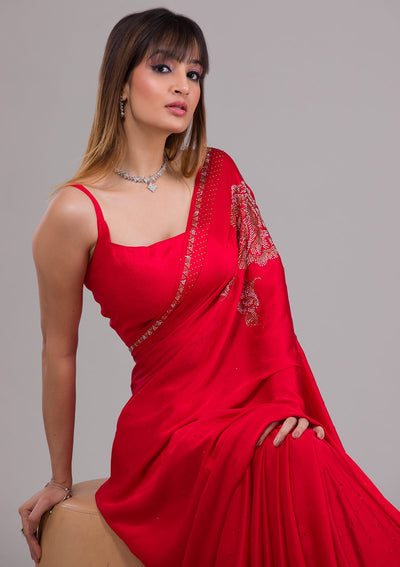 Red Stonework Satin Saree-Koskii