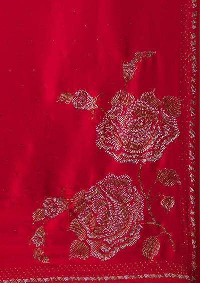 Red Stonework Satin Saree-Koskii