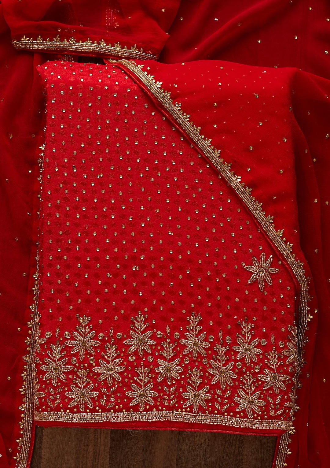 Red Stonework Semi Crepe Designer Unstitched Salwar Suit - Koskii