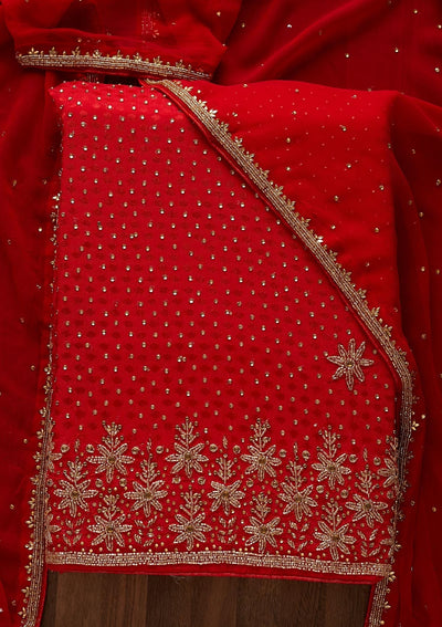 Red Stonework Semi Crepe Designer Unstitched Salwar Suit - Koskii