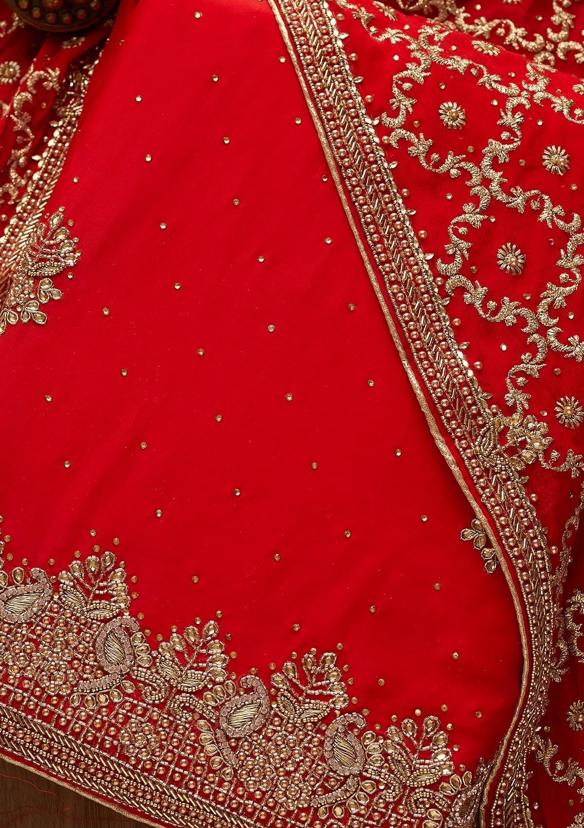 Red Stonework Semi Crepe Unstitched Salwar Suit-Koskii