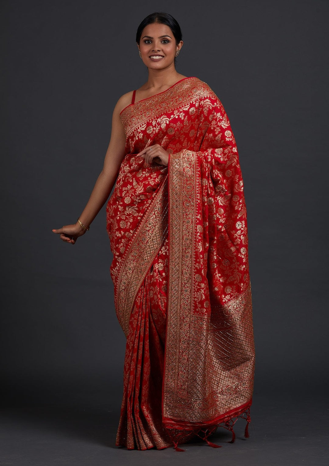 Red Stonework Semi Crepe Designer Saree - Koskii