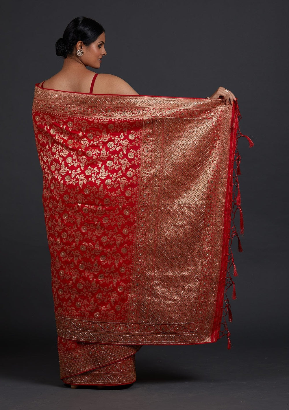 Red Stonework Semi Crepe Designer Saree - Koskii