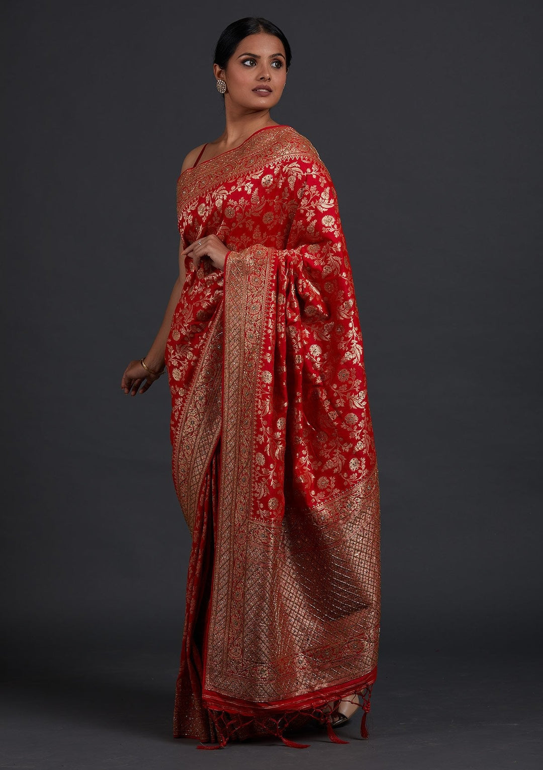 Red Stonework Semi Crepe Designer Saree - Koskii