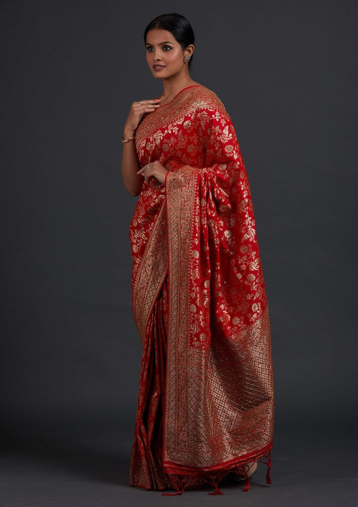 Red Stonework Semi Crepe Designer Saree - Koskii