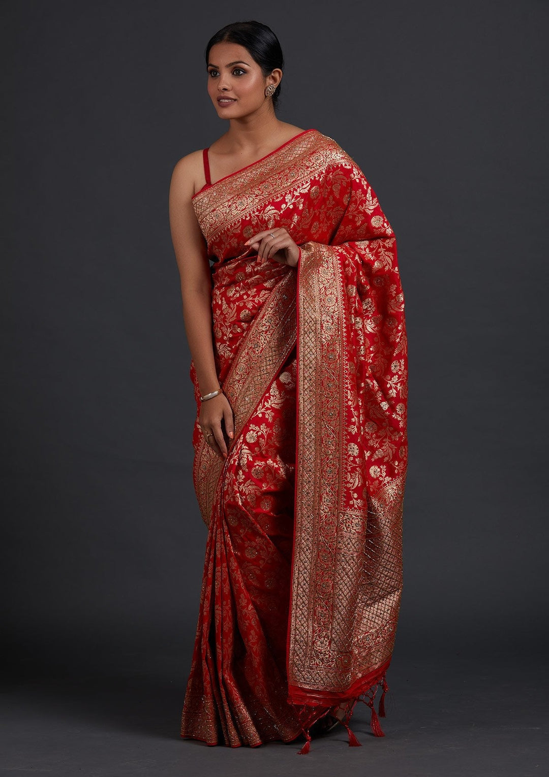 Red Stonework Semi Crepe Designer Saree - Koskii