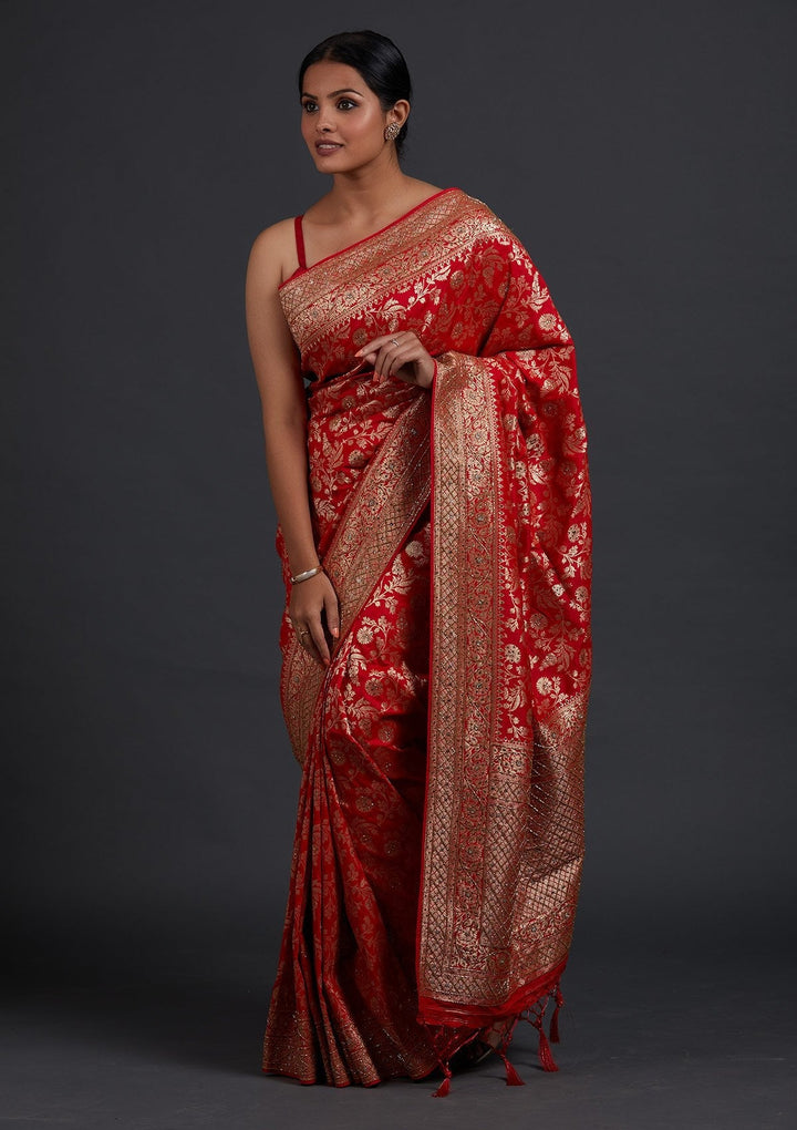 Red Stonework Semi Crepe Designer Saree - Koskii