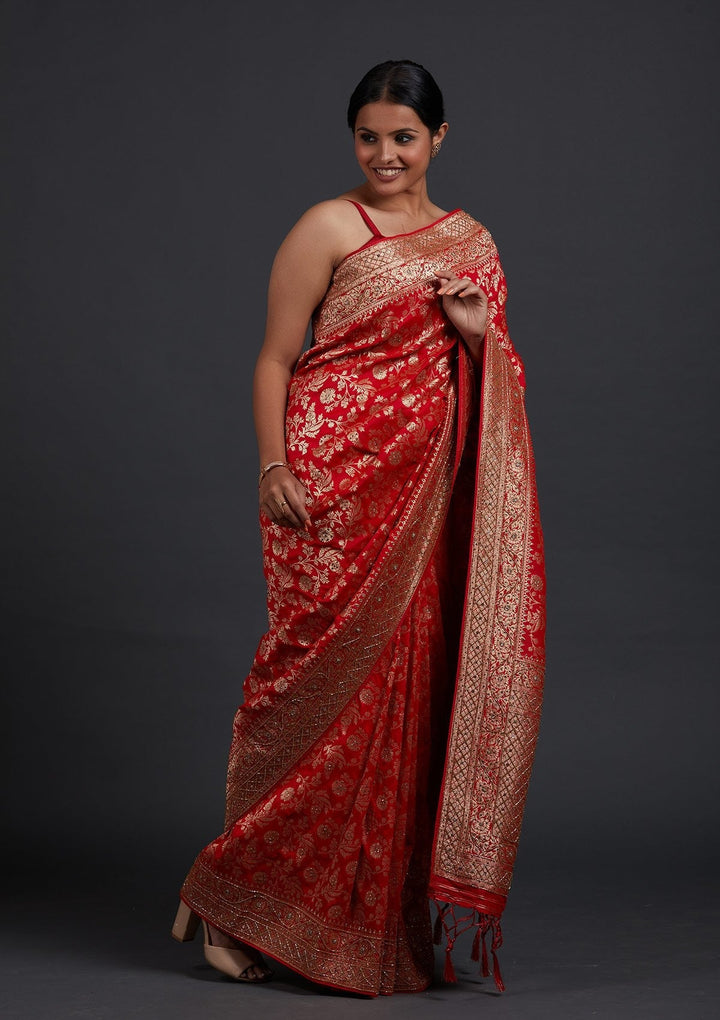 Red Stonework Semi Crepe Designer Saree - Koskii