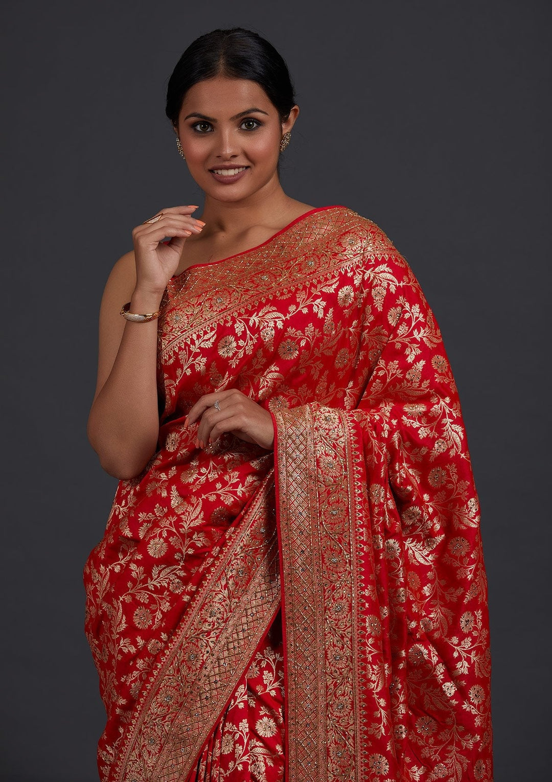 Red Stonework Semi Crepe Designer Saree - Koskii