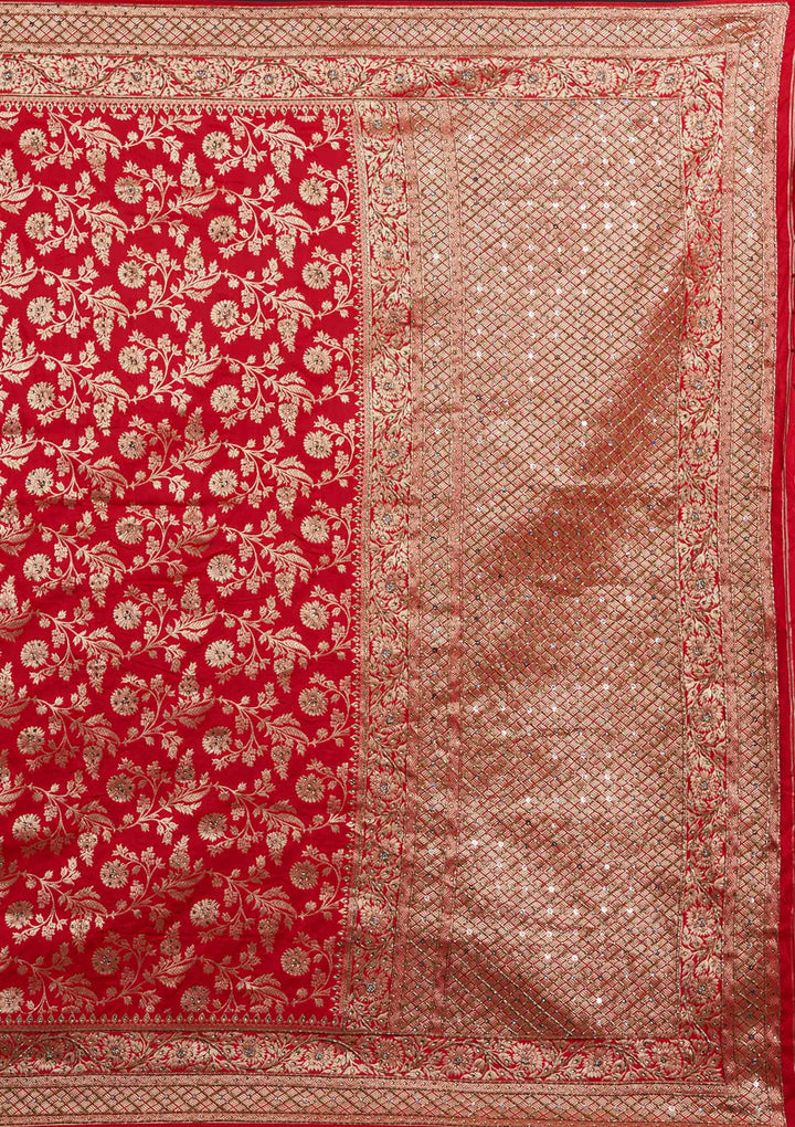Red Stonework Semi Crepe Designer Saree - Koskii