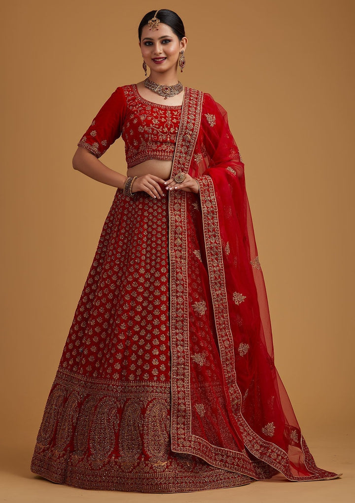 Red Stonework Velvet Designer Semi-Stitched Lehenga - koskii