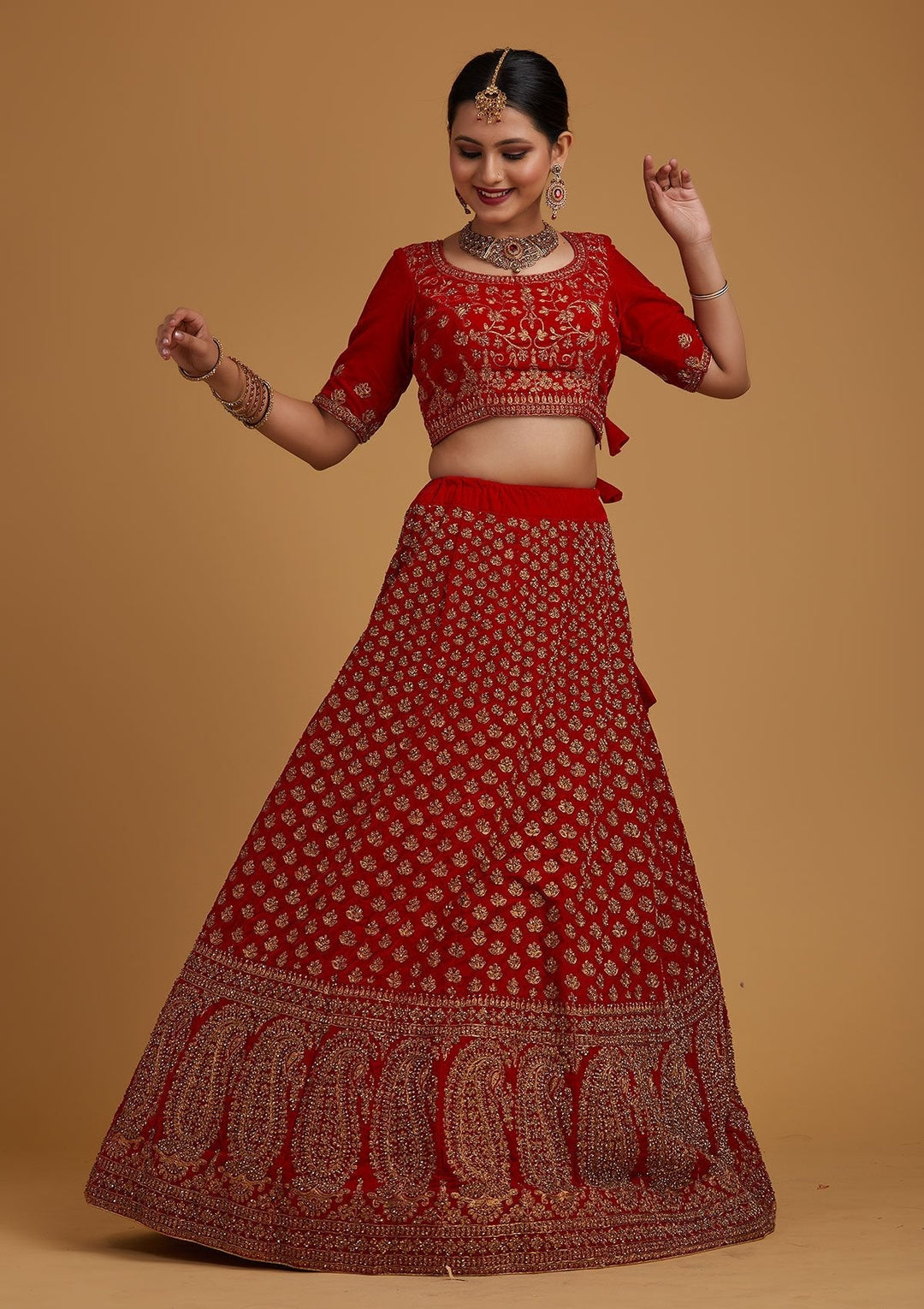 Red Stonework Velvet Designer Semi-Stitched Lehenga - koskii