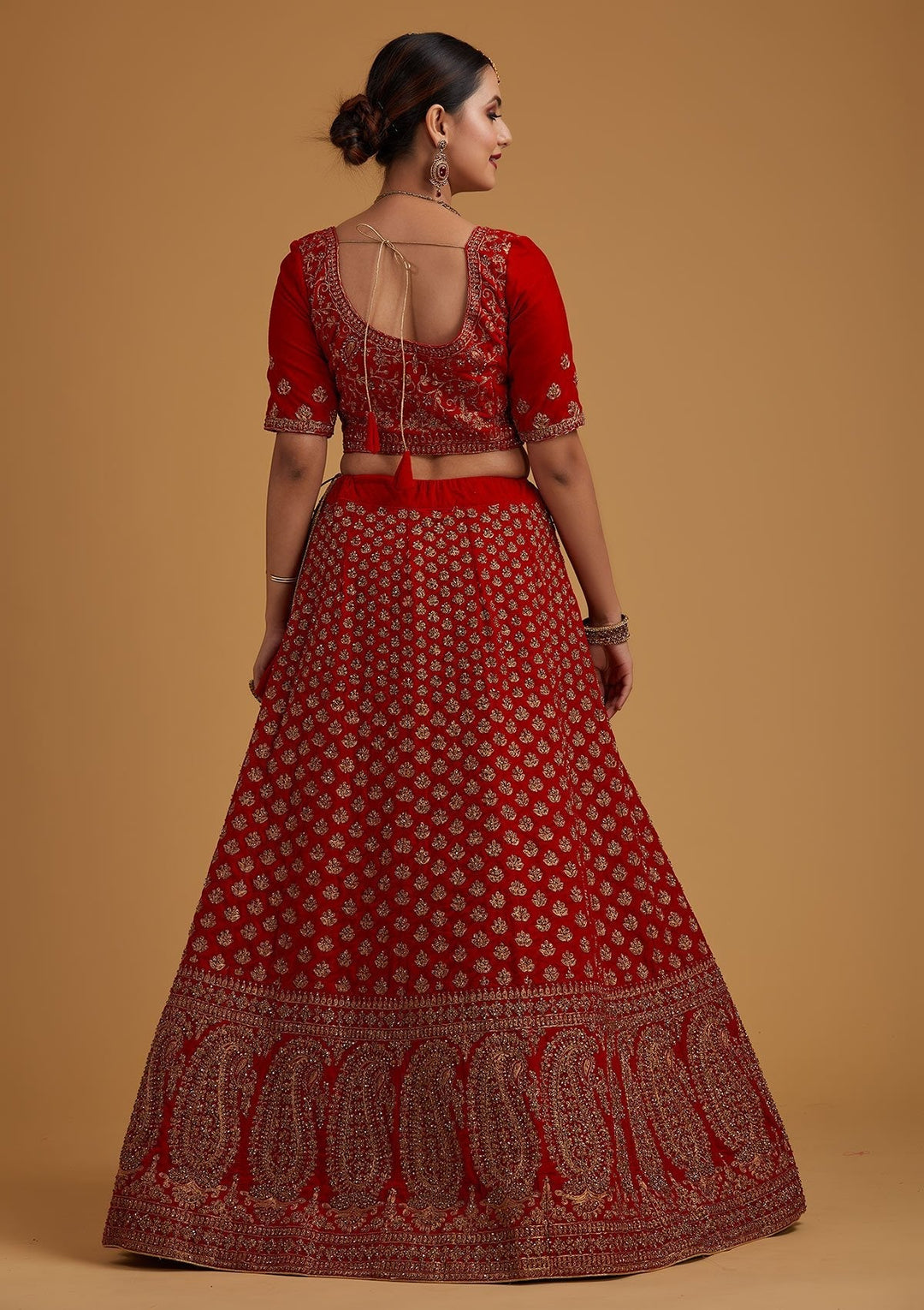 Red Stonework Velvet Designer Semi-Stitched Lehenga - koskii