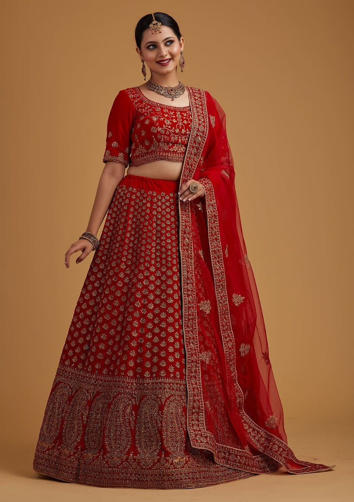 Red Stonework Velvet Designer Semi-Stitched Lehenga - koskii
