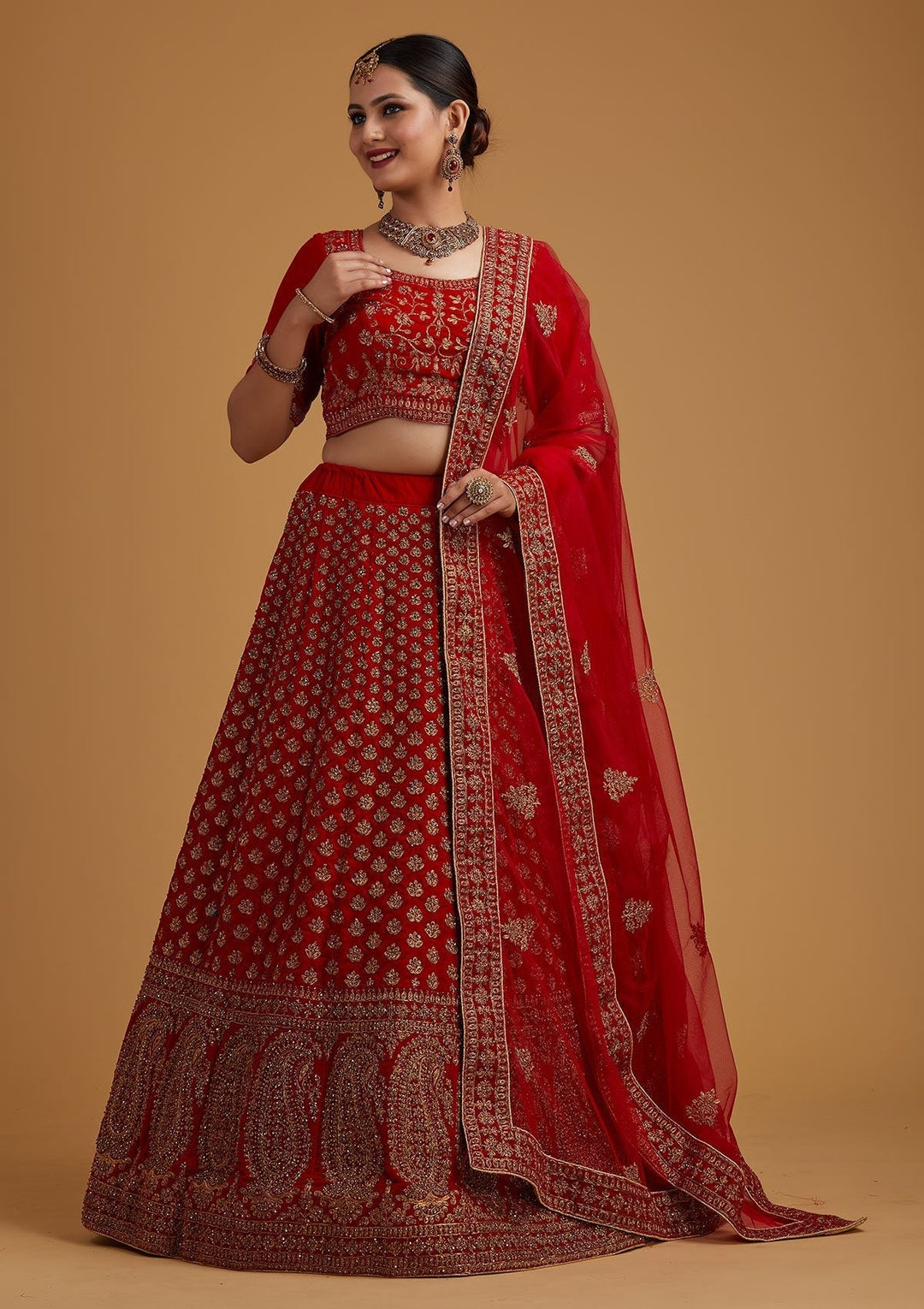 Red Stonework Velvet Designer Semi-Stitched Lehenga - koskii