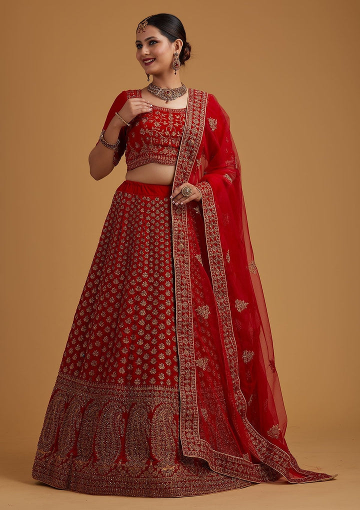 Red Stonework Velvet Designer Semi-Stitched Lehenga - koskii