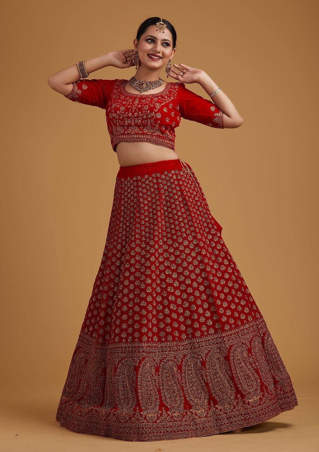 Red Stonework Velvet Designer Semi-Stitched Lehenga - koskii