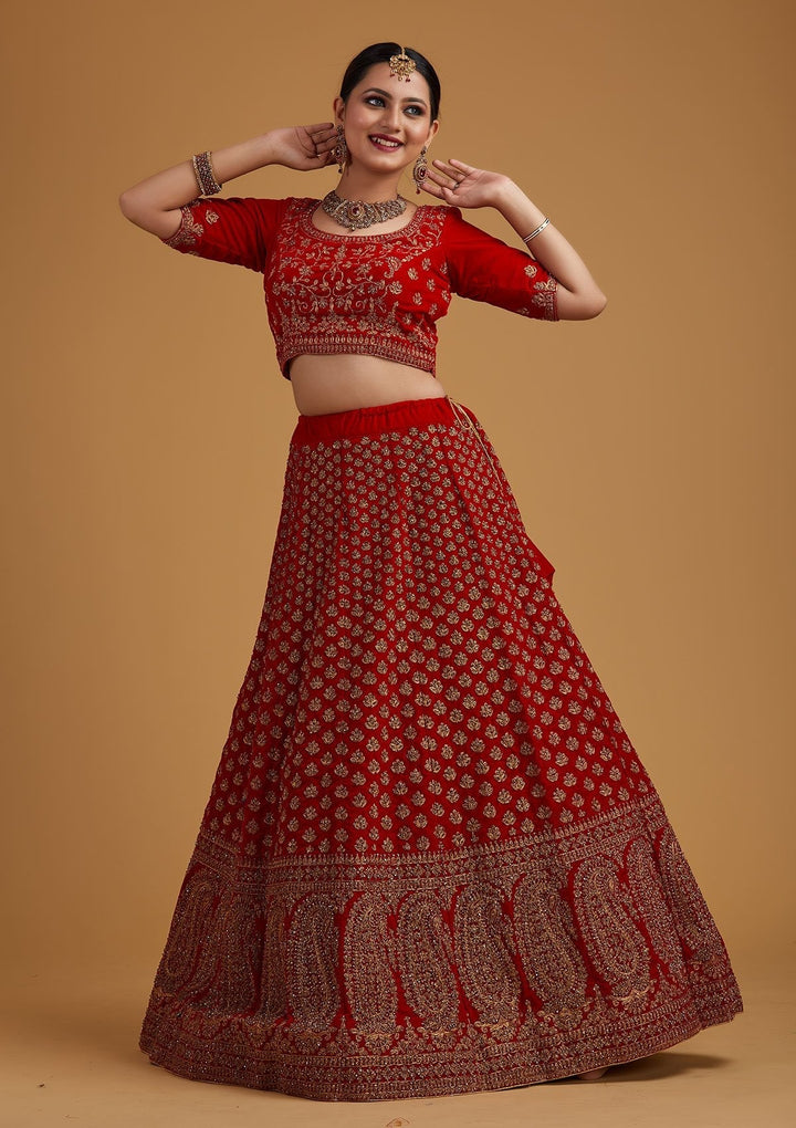 Red Stonework Velvet Designer Semi-Stitched Lehenga - koskii