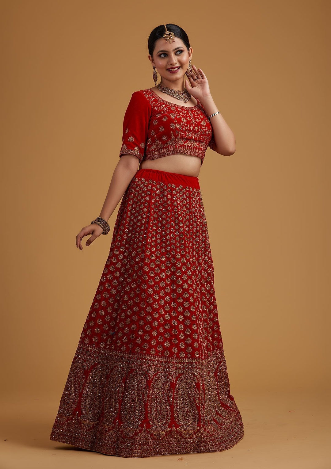 Red Stonework Velvet Designer Semi-Stitched Lehenga - koskii