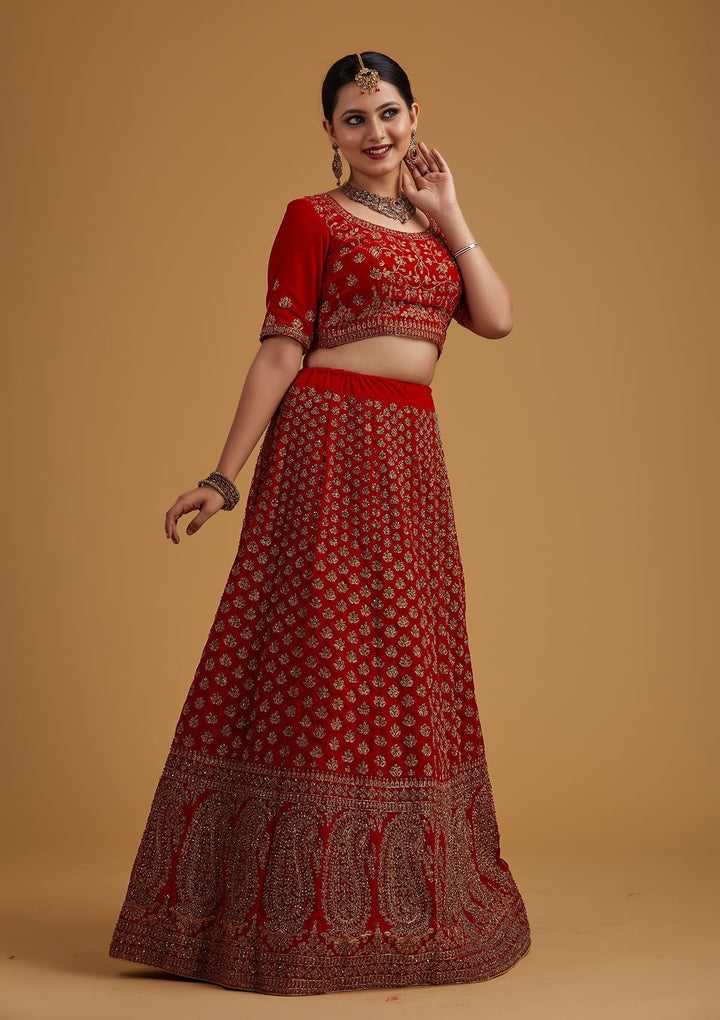 Red Stonework Velvet Designer Semi-Stitched Lehenga - koskii