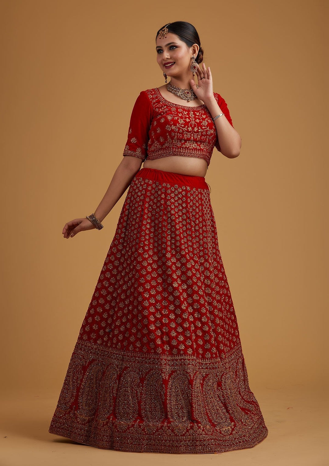 Red Stonework Velvet Designer Semi-Stitched Lehenga - koskii