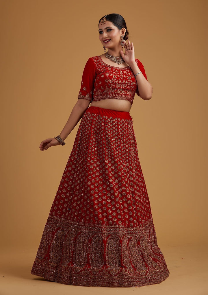 Red Stonework Velvet Designer Semi-Stitched Lehenga - koskii