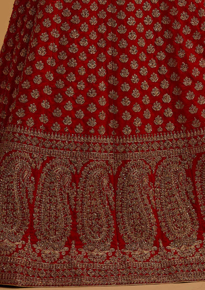 Red Stonework Velvet Designer Semi-Stitched Lehenga - koskii