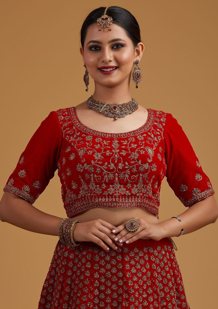 Red Stonework Velvet Designer Semi-Stitched Lehenga - koskii