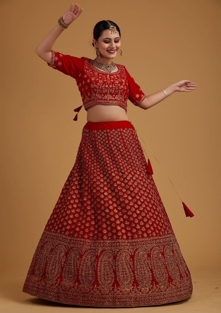 Red Stonework Velvet Designer Semi-Stitched Lehenga - koskii