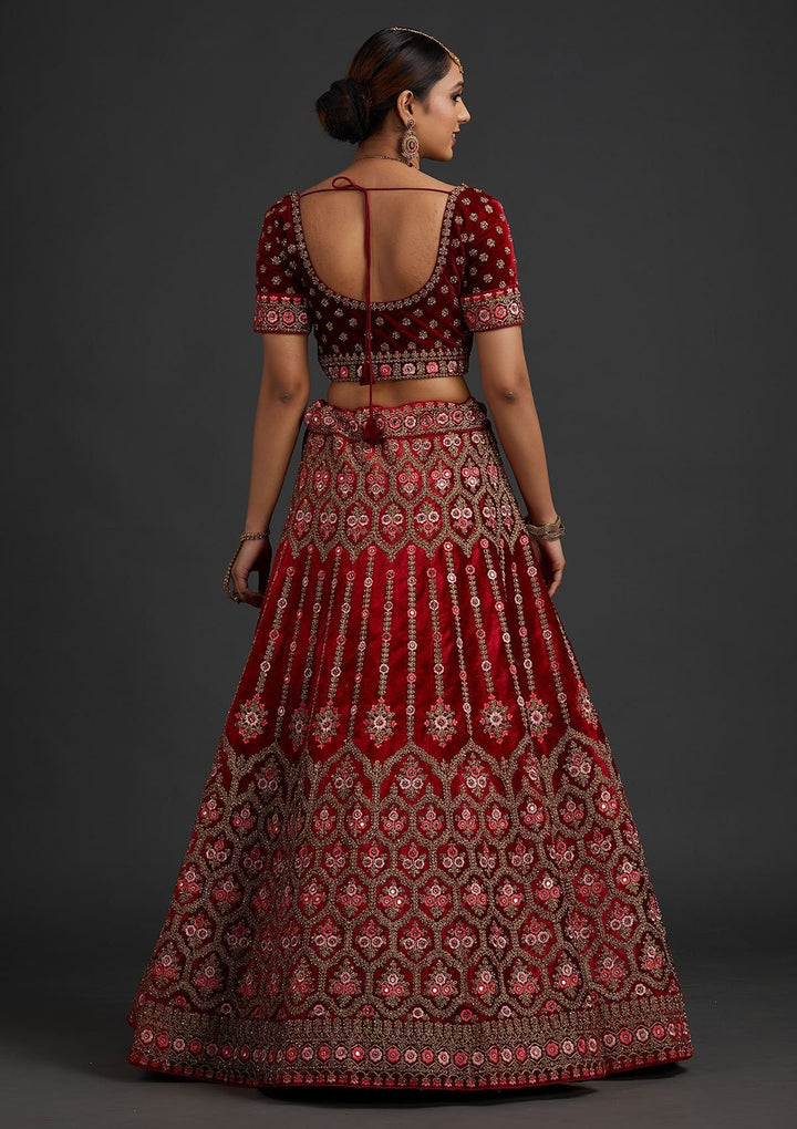 Red Stonework Velvet Designer Semi-Stitched Lehenga - koskii