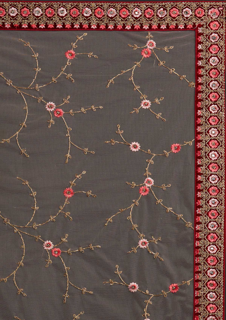 Red Stonework Velvet Designer Semi-Stitched Lehenga - koskii