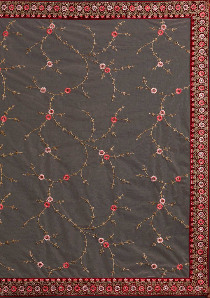 Red Stonework Velvet Designer Semi-Stitched Lehenga - koskii