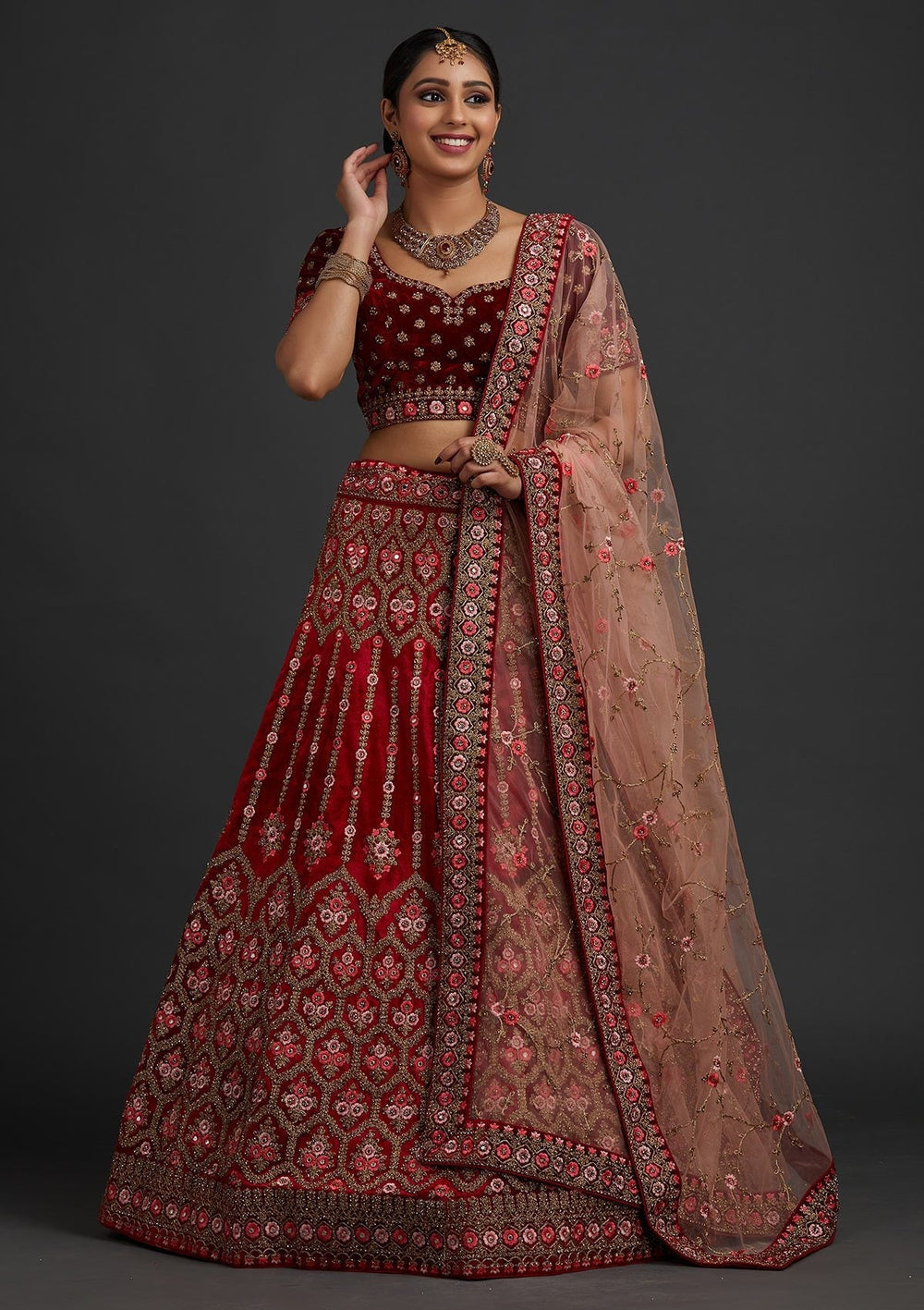 Red Stonework Velvet Designer Semi-Stitched Lehenga - koskii