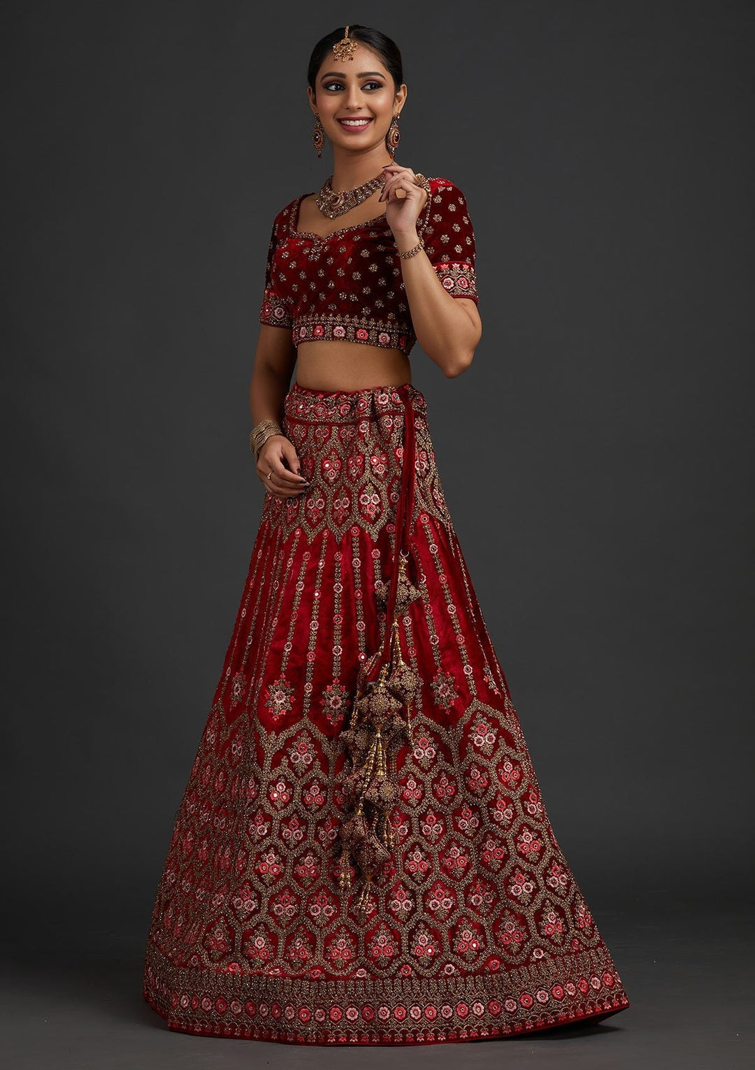 Red Stonework Velvet Designer Semi-Stitched Lehenga - koskii