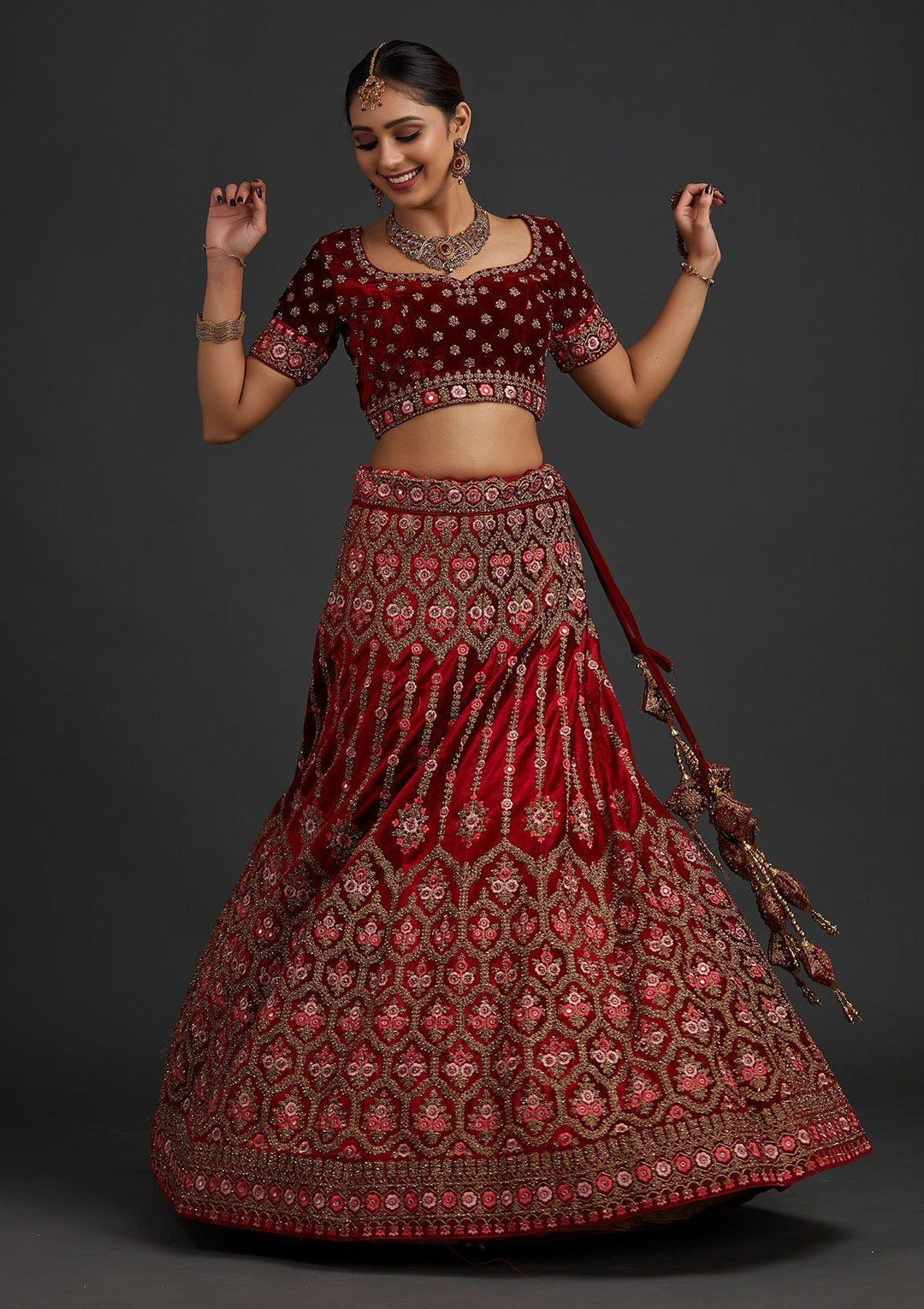 Red Stonework Velvet Designer Semi-Stitched Lehenga - koskii