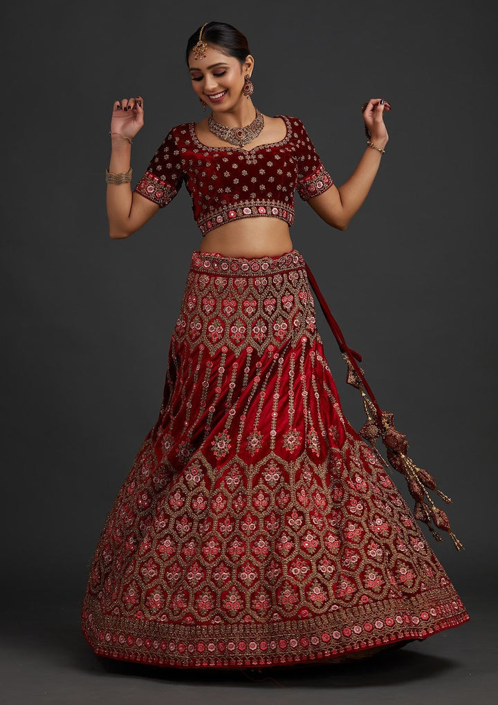 Red Stonework Velvet Designer Semi-Stitched Lehenga - koskii