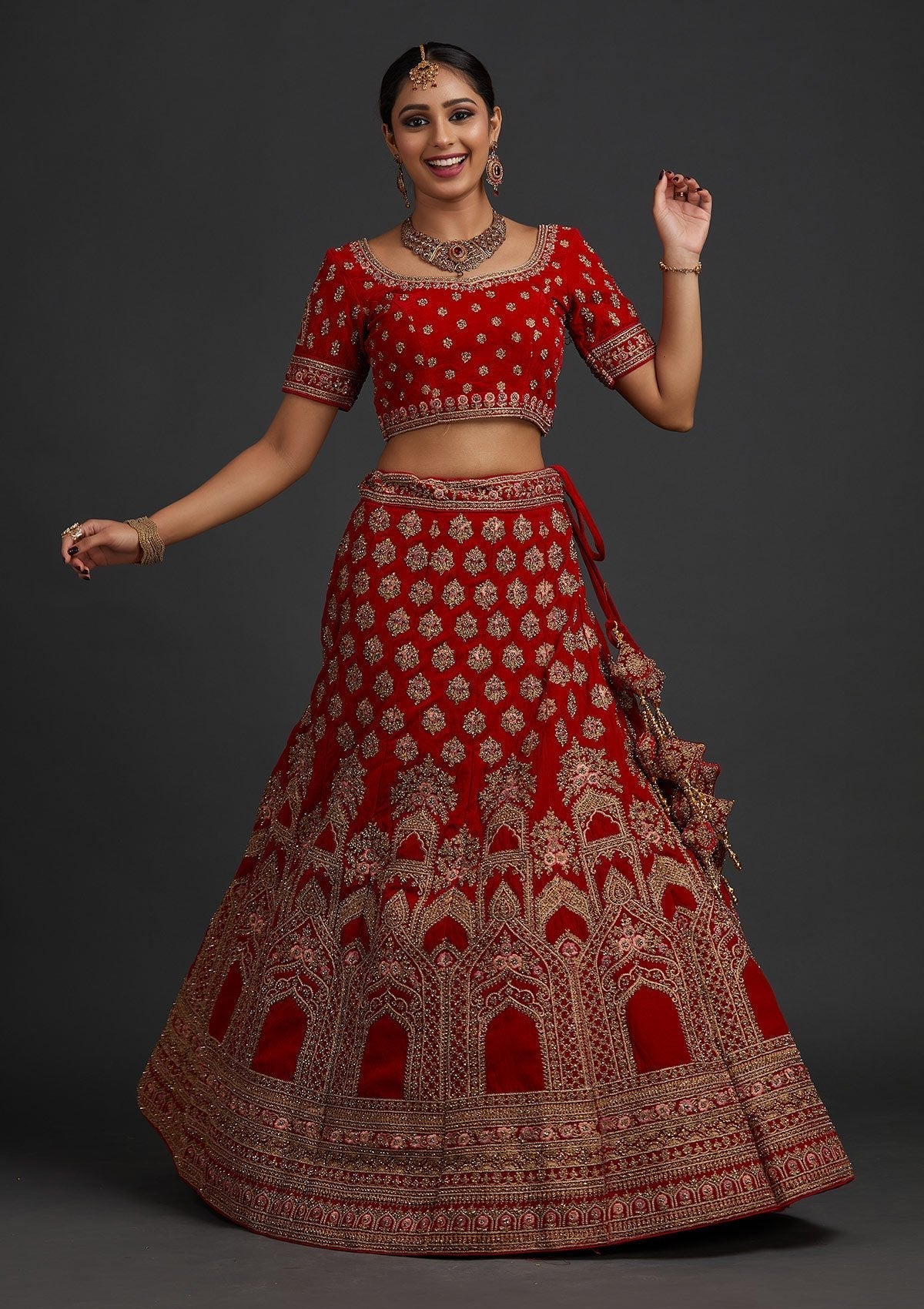 Red Stonework Velvet Designer Semi-Stitched Lehenga - koskii